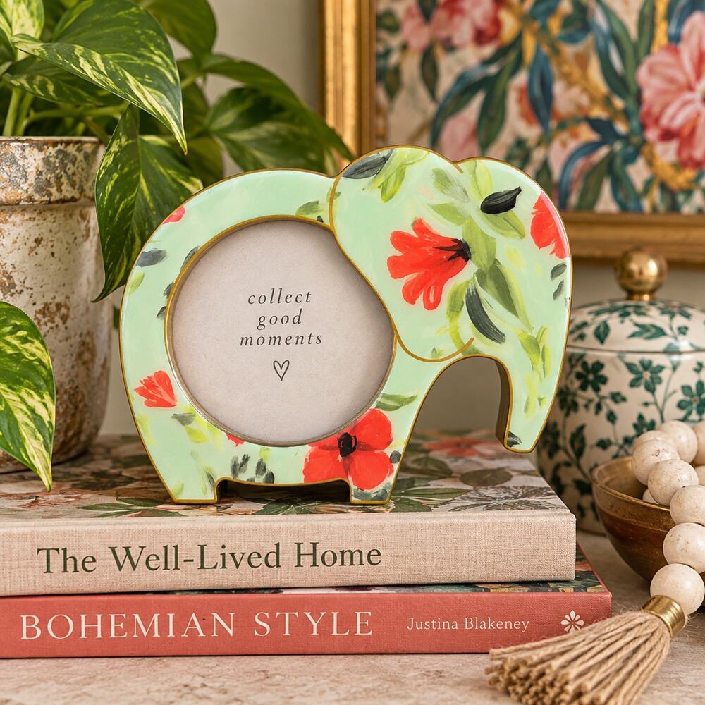 XOXO Dominique Floral Elephant Picture Frame Mint Green Gold 2.75" Photo